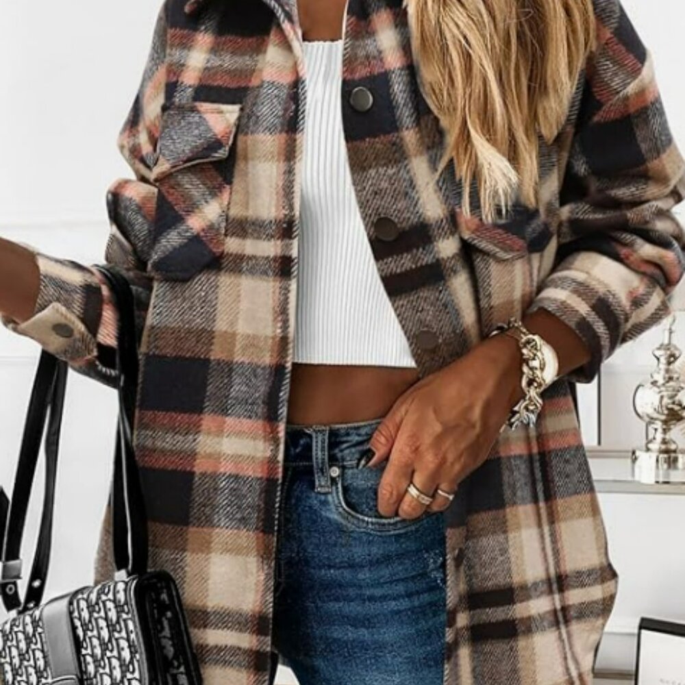 Women's Flannel Plaid Shacket Fall Outfits Long Sleeve Button Down Shirts-Large